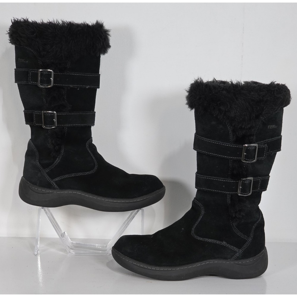 LL Bean Womens 8M Tek 2.5 Black Suede Boots Faux Fur Zip Double Buckle Primaloft